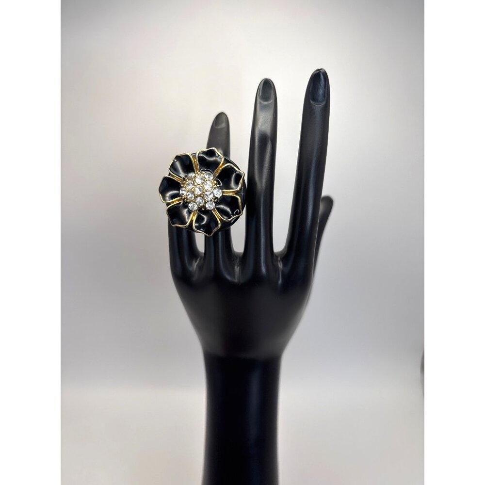 Chunky Bold Black Acrylic Rhinestone Gold Trim Flower Cocktail Ring Sz 10